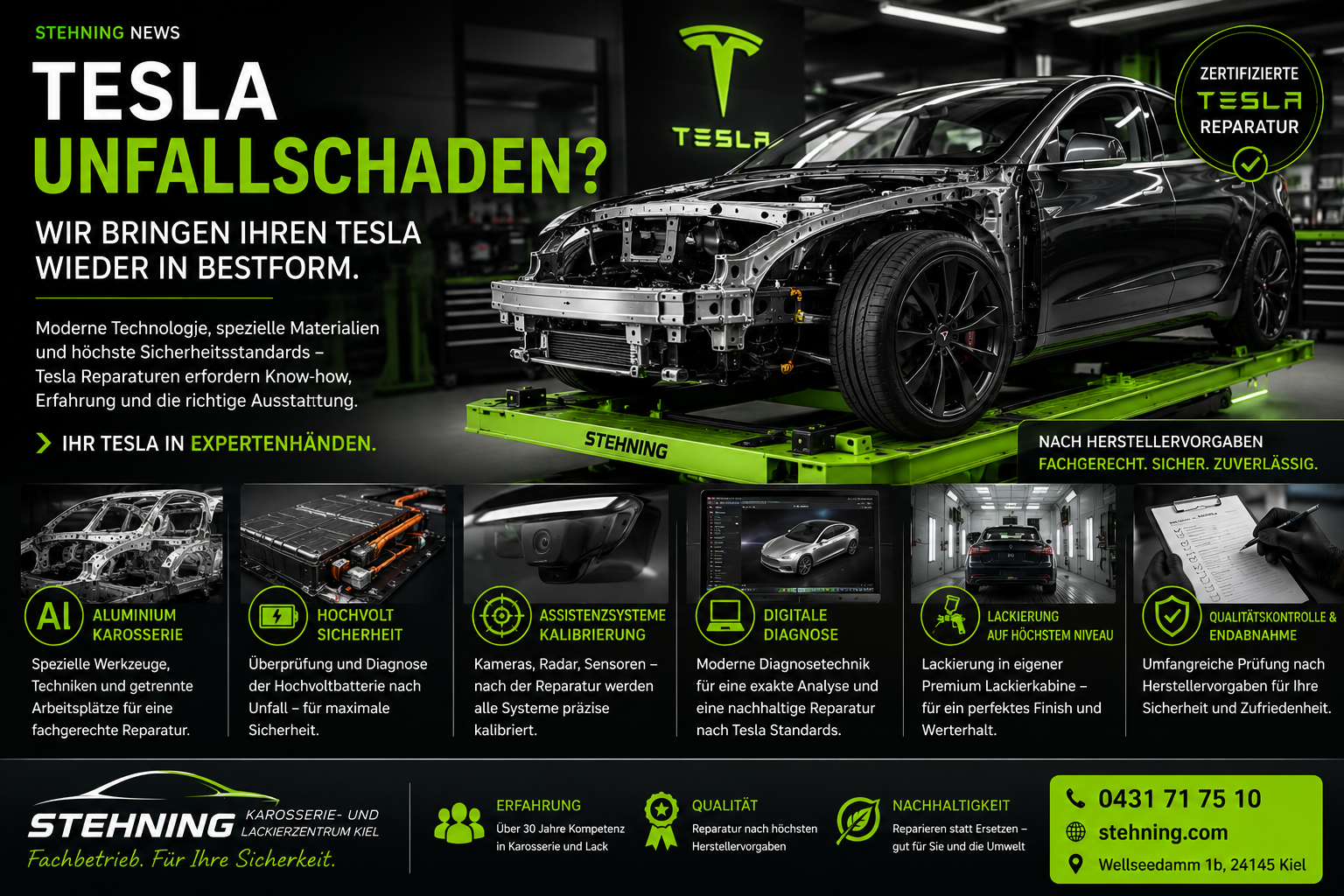 Tesla Unfallschaden Tesla Unfallreparatur Tesla Karosseriereparatur Tesla Model Y Reparatur Tesla Model 3 Unfallschaden Aluminium Reparatur Tesla Tesla Karosseriebau Hochvolt Reparatur Tesla Body Shop Tesla Karosserie Kiel Tesla Lackierung Unfallreparatur Tesla